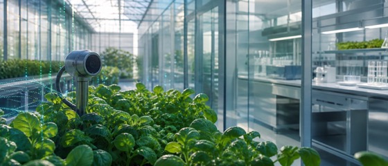 Jeunes cultures alimentaires observées par un capteur dans une serre reliée à un laboratoire moderne.