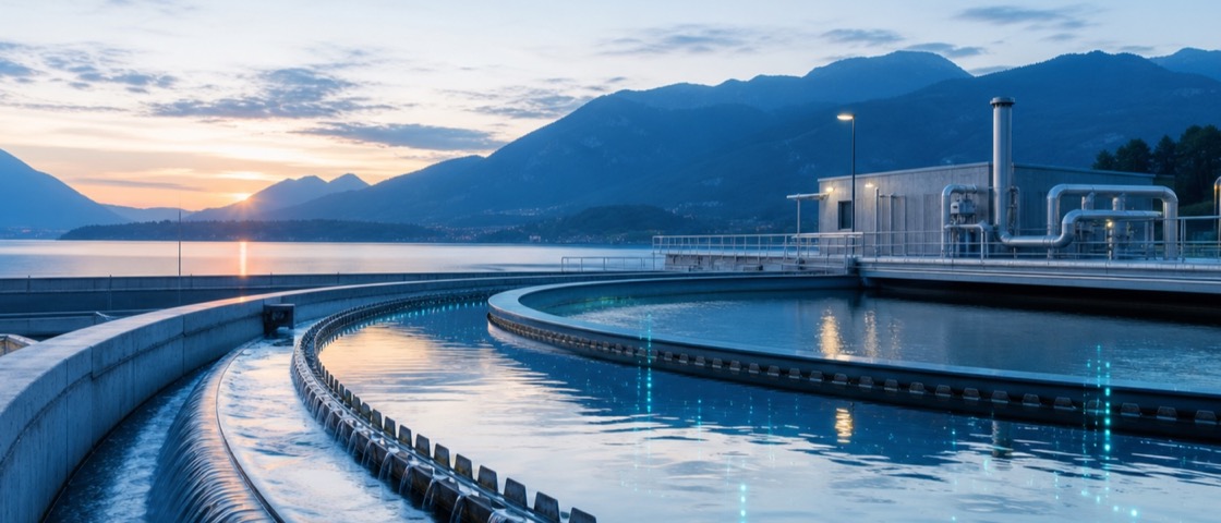 Bassins et conduites d'une installation moderne de traitement de l'eau au bord d'un réservoir.