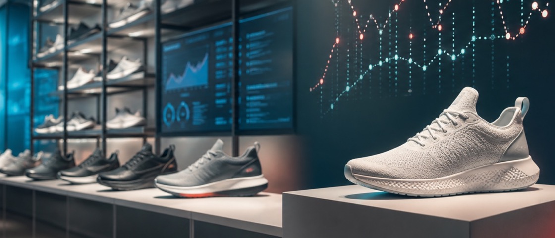Chaussures de sport sans marque exposées dans un magasin doté d'outils abstraits d'analyse des ventes.