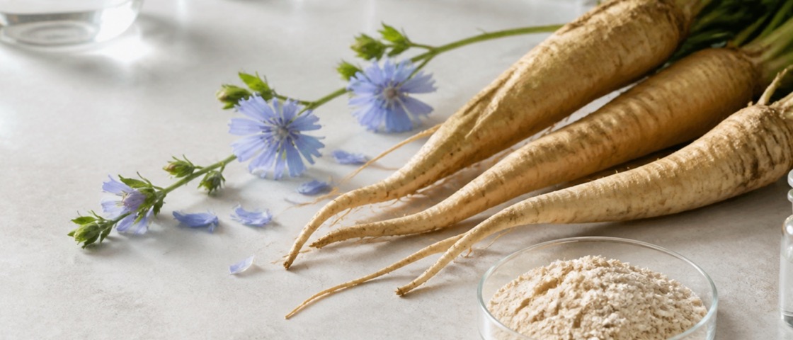 Racines et fleurs de chicorée disposées près d'un échantillon de fibre en poudre sur un plan de laboratoire clair.
